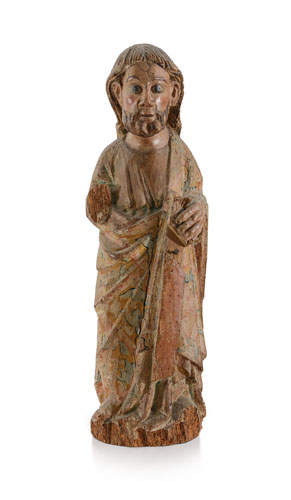 SCULTORE DEL XVI SECOLO Figura di santo Legno dipinto e dorato, alt. cm 64; danni e mancanze.