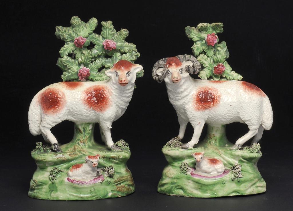 A PAIR OF RALPH SALT PEARL GLAZED EARTHENWARE SHEEP AND LAMB GROUPS  with overglaze enamel painted