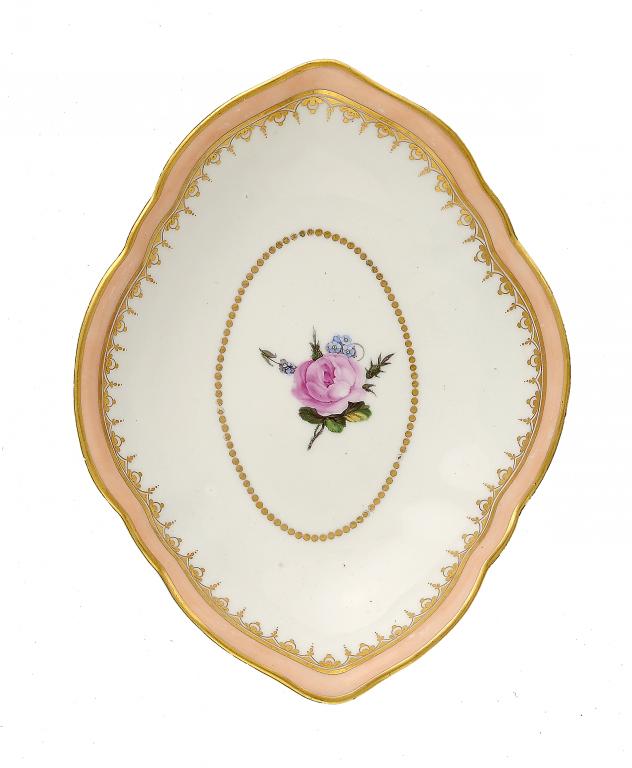 A DERBY LOZENGE SHAPED STAND painted in the manner of Billingsley with a central rose and salmon