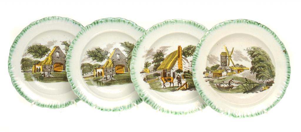 A SET OF FOUR PEARLWARE CHILD`S PLATES   printed in sepia and sponged in yellow, green and ochre,