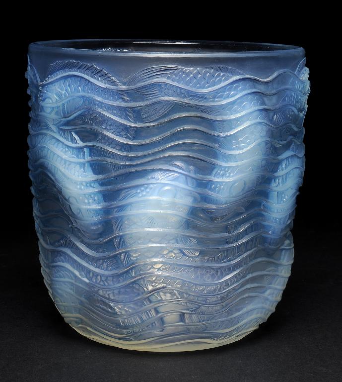 DAUPHINS.  A LALIQUE BLUE STAINED SEMI OPALESCENT GLASS VASE  14cm h, stencilled mark, 1930s++A