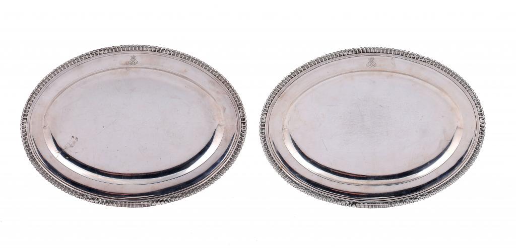A PAIR OF GEORGE III OVAL DISHES BY PAUL STORR with gadrooned rim, engraved crown and monogram,
