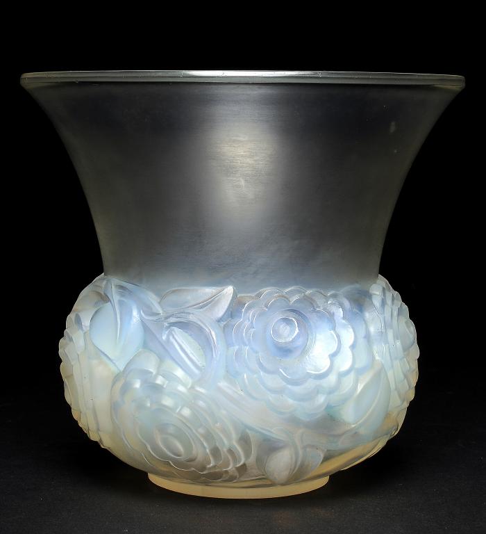 RENONCULES.  A LALIQUE SEMI OPALESCENT GLASS VASE  wheel cut mark, 15cm h, 1930s++Internal crack in