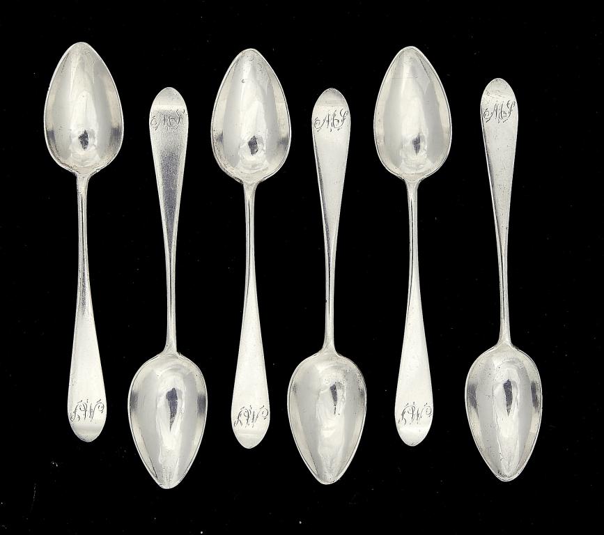 GREENOCK.  A SET OF SIX POINTED END TEASPOONS  script initials MS, by Alexander Campbell, c1820-30,