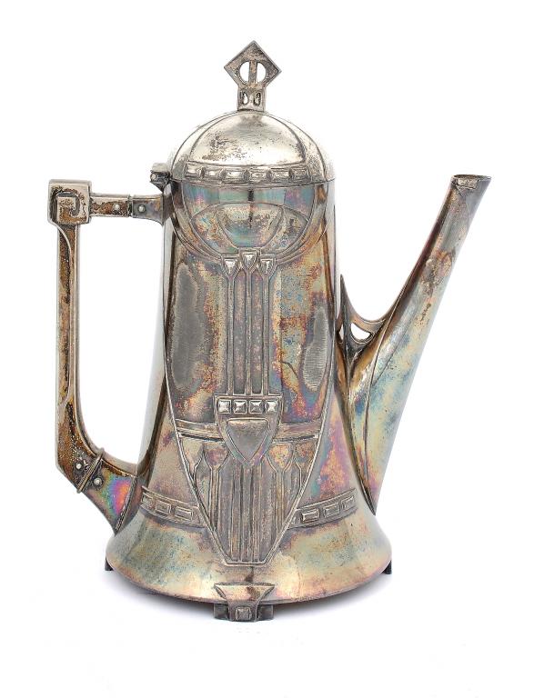 A WMF JUGENDSTIL ELECTROPLATED COFFEE POT  maker`s marks, 24cm h, c1910++Wear to plating, undamaged