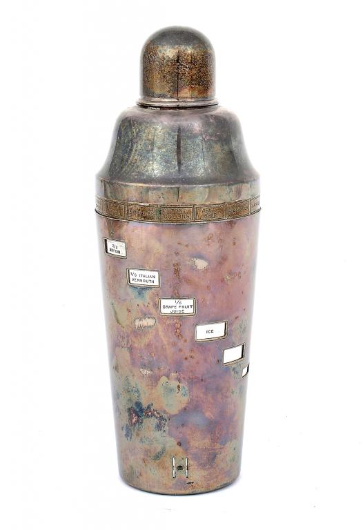 AN ART DECO EPNS PATENT RECIPE COCKTAIL SHAKER AND COVER BY ASPREY & CO LTD 27cm h,  c1930++Slight