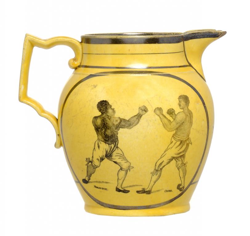 BOXING.  A RARE COMMEMORATIVE SILVER LUSTRE AND CANARY YELLOW GLAZED EARTHENWARE JUG  transfer