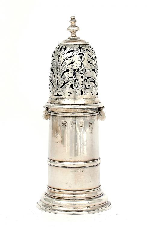 A WILLIAM III CASTER   the finely pierced and engraved cover with bayonet lugs, by John Sutton, 16.