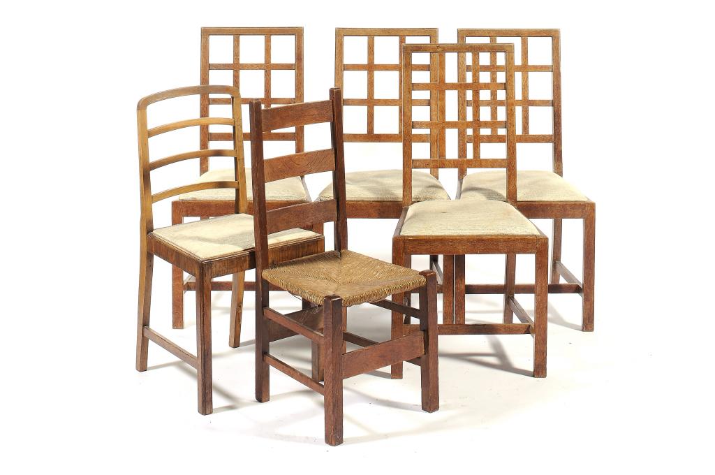 FOUR COTSWOLD SCHOOL OAK DINING CHAIRS 98cm h,  c1940 and two other chairs (6) ++The set in good