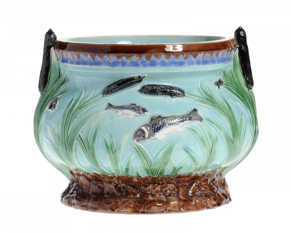 A VICTORIAN MAJOLICA AQUATIC JARDINIERE probably Staffordshire, painted 73, continuously moulded