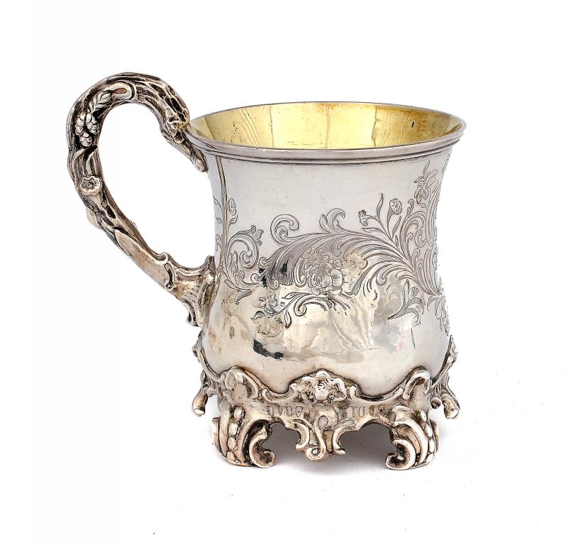 A VICTORIAN CHRISTENING MUG   with rustic cast handle and strapwork feet, 10cm h, by Charles Reilly