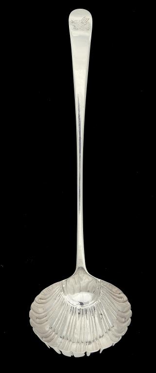 A GEORGE III SOUP LADLE  with shell bowl, Old English pattern, crested, maker TE, probably Thomas