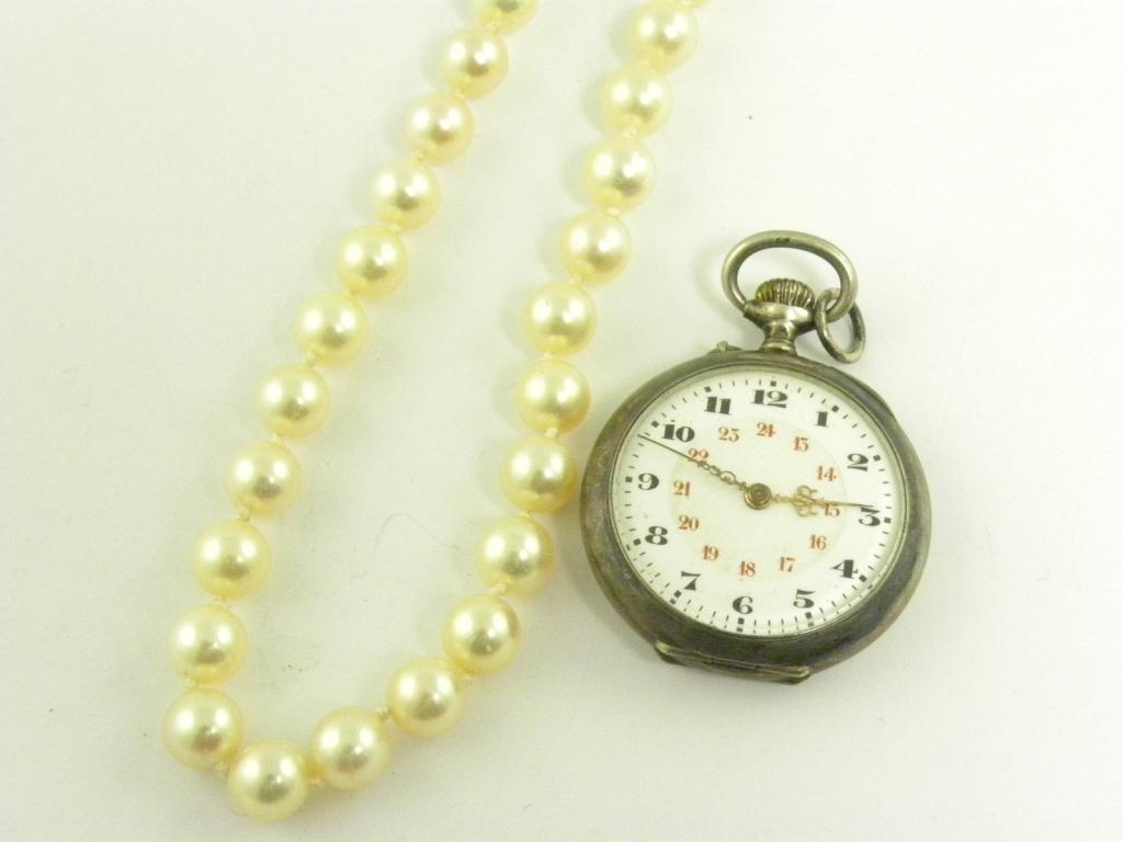 A CULTURED PEARL NECKLACE WITH GOLD CLASP AND A SILVER KEYLESS LEVER FOB WATCH WITH CYLINDER