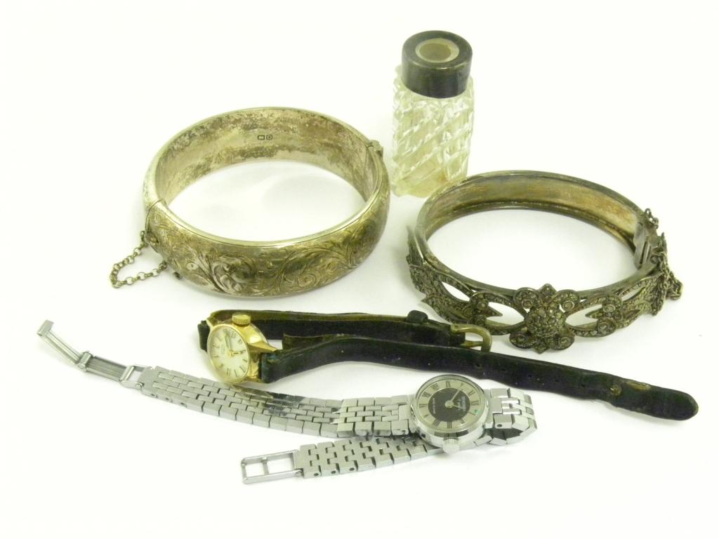 A SILVER BRACELET, A SILVER AND MARCASITE BRACELET, TWO LADY`S WRISTWATCHES, ETC