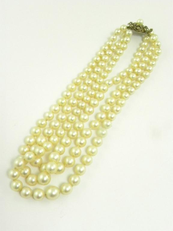 A CULTURED PEARL THREE ROW NECKLACE