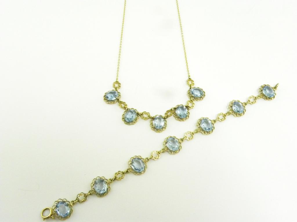 A BLUE ZIRCON SET 9CT GOLD BRACELET AND NECKLACE EN SUITE, 21.7G