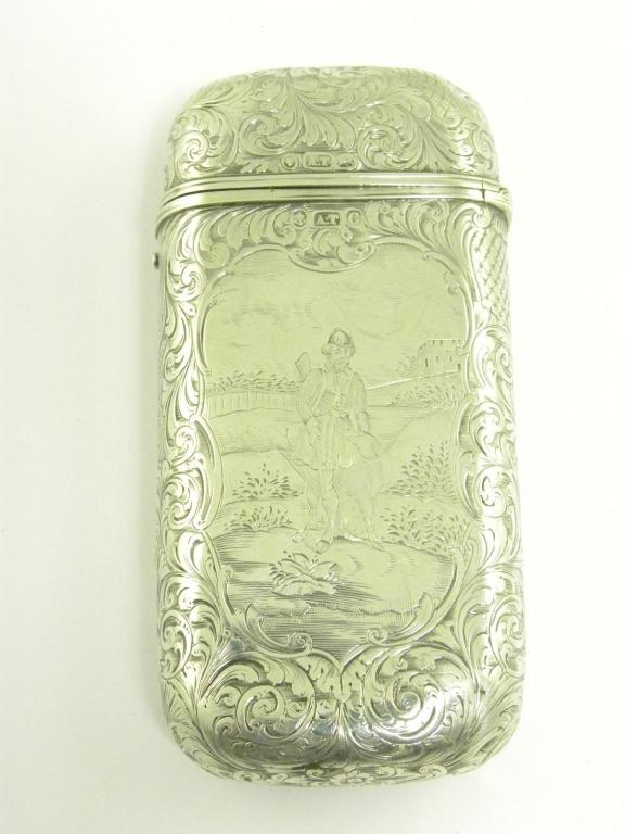 A VICTORIAN SILVER CIGAR CASE THE FRONT ENGRAVED WITH A SPORTSMAN AND HIS DOG, BIRMINGHAM 1855,