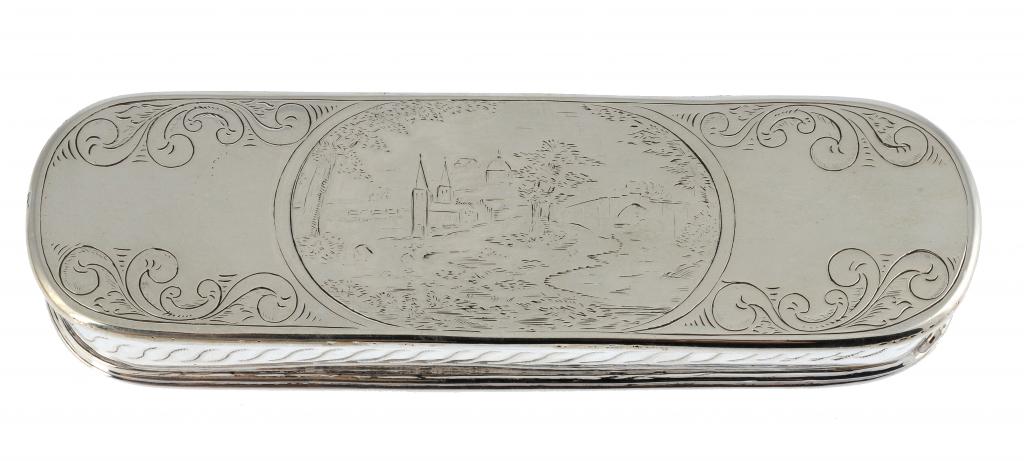 A DUTCH SILVER TOBACCO BOX THE LID AND BASE ENGRAVED WITH LANDSCAPES FLANKED BY SCROLLING FOLIAGE,