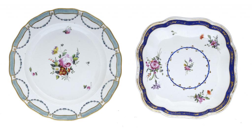 A DERBY PLATE AND SHAPED SQUARE DISH WITH TURQUOISE OR BLUE BORDER AND FLORAL DECORATED, 22CM