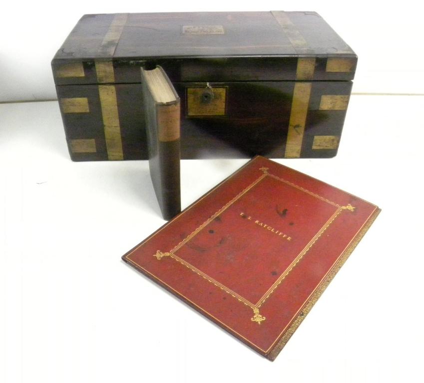 A VICTORIAN BRASS BOUND MARBLE WOOD WRITING BOX WITH FITTED INTERIOR AND ENGRAVED PRESENTATION