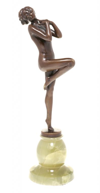 JOSEF LORENZL. AN ART DECO BRONZE STATUETTE OF A DANCING GIRL on turned onyx plinth, 20.5cm h,