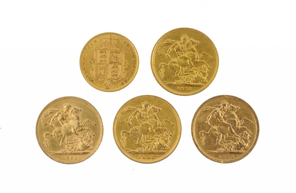 GOLD COINS. VICTORIA SOVEREIGN 1876, 1881, 1889M, 1895 AND HALF SOVEREIGN 1872
