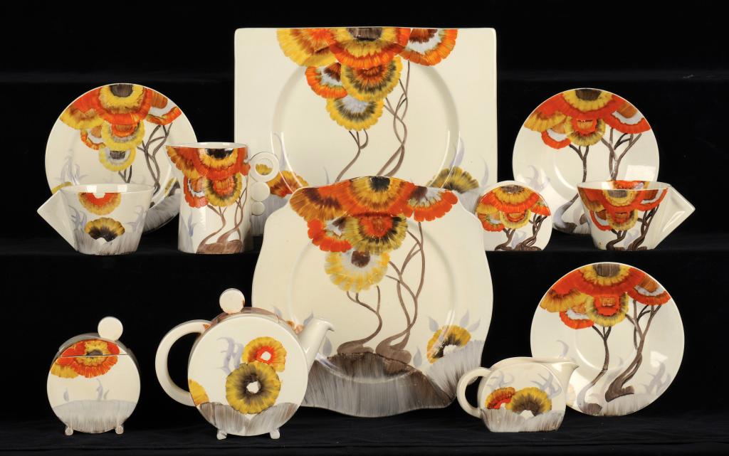 CLARICE CLIFF. AN A J WILKINSON RHODANTHE BONJOUR TEA SET, BONJOUR JAM POT AND COVER, BIARRITZ AND