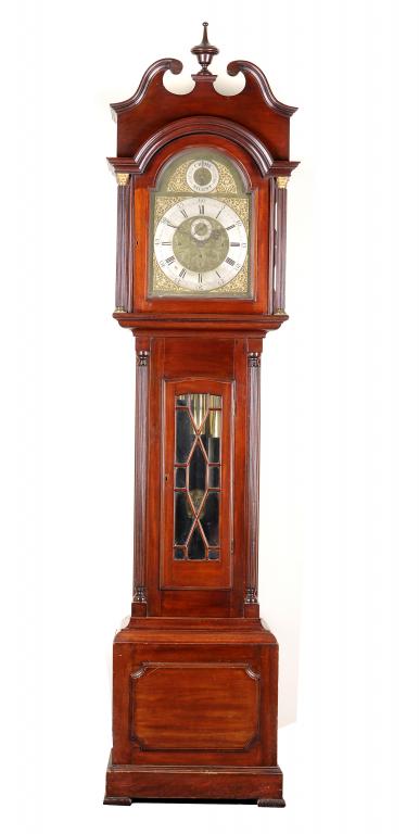 AN IMPOSING EDWARD VII MAHOGANY LONGCASE CLOCK the brass breakarched dial with silvered chapter