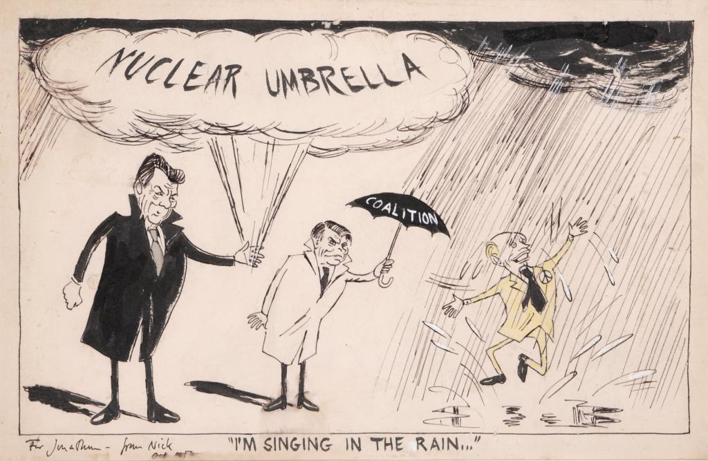 CLIVE GODDARD (1960-) "I`M SINGING IN THE RAIN..." [Reagan, Owen and Kinnock], inscribed, pen ink