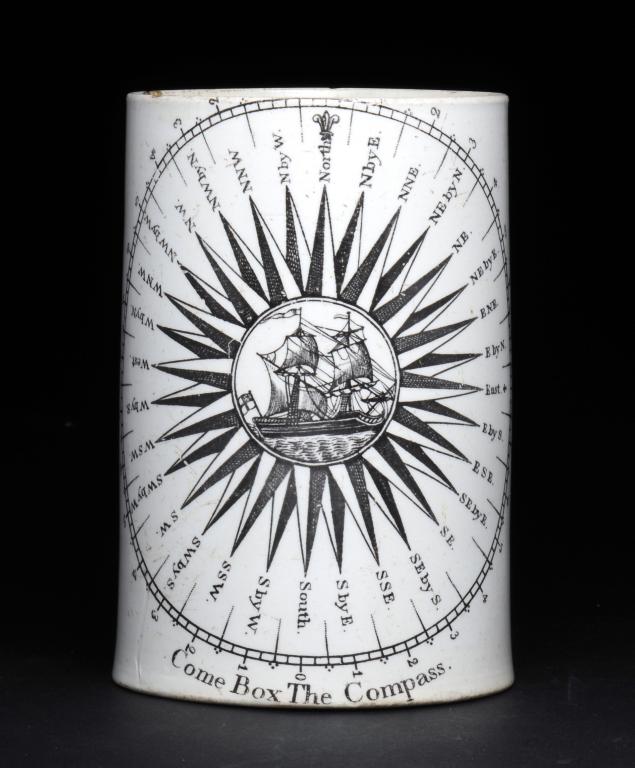 A CREAMWARE MARITIME MUG, STAFFORDSHIRE OR LIVERPOOL printed in black with a compass rose, ship