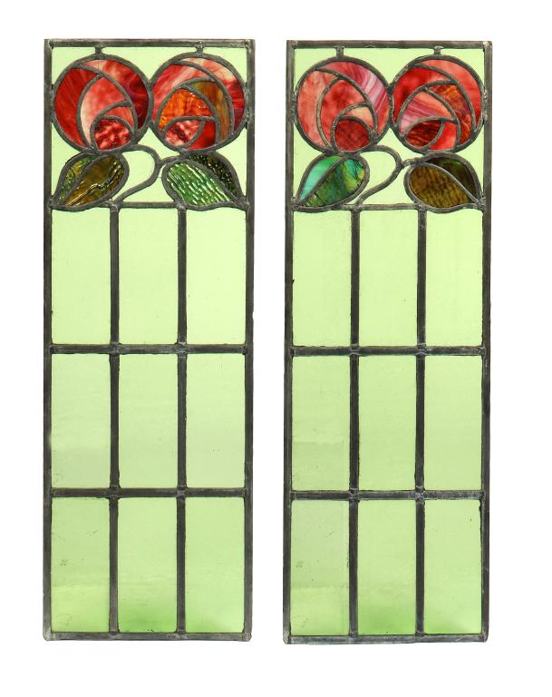 A PAIR OF GLASGOW SCHOOL LEADED GLASS WINDOW OR DOOR LIGHTS 87 x 30cm, early 20th c ++Both in good