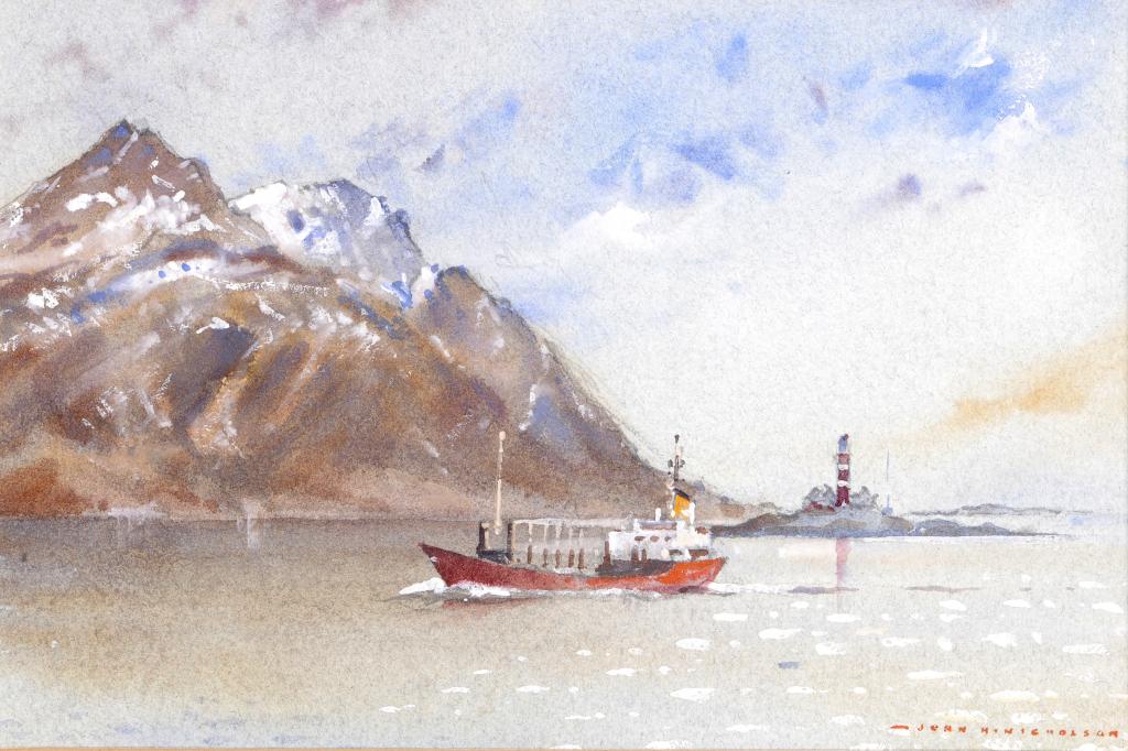 † JOHN HOBSON NICHOLSON, RI, PS (1911-1988) A CARGO SHIP IN A NORWEGIAN FJORD signed, watercolour,