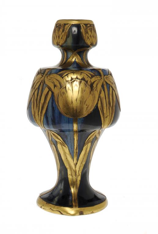 A JEAN LANGLADE ART NOUVEAU VASE the blue flambé glaze contrasting with the gilt electro deposit