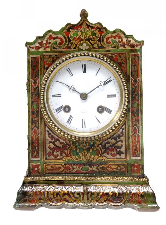 A NAPOLEON III BOULLE MANTLE CLOCK the enamel dial signed Hry Marc a Paris in brass bezel, the front