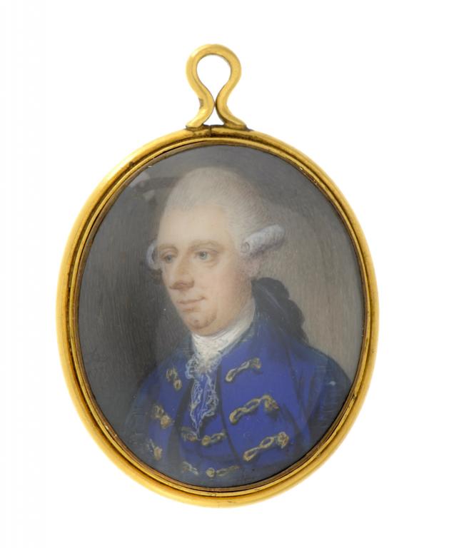 JOHN PLOTT, FSA (1732-1803) A GENTLEMAN in blue coat with yellow frogging, white stock and black