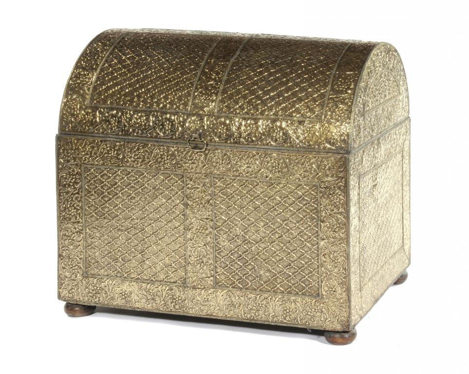 AN ENGLISH  SHEET BRASS COVERED WOOD COFFER embossed  with blind trellis and borders of scrolling