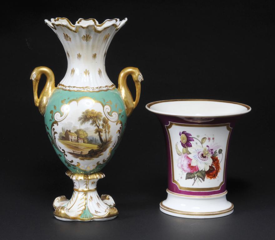 A ROCKINGHAM STORK HANDLED VASE AND A ROCKINGHAM TRUMPET SHAPED VASE  painted with a thatched