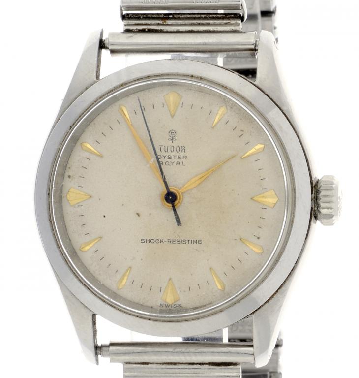 A ROLEX TUDOR STAINLESS STEEL WRISTWATCH OYSTER ROYAL  numbered on back 7934/270317, case, dial