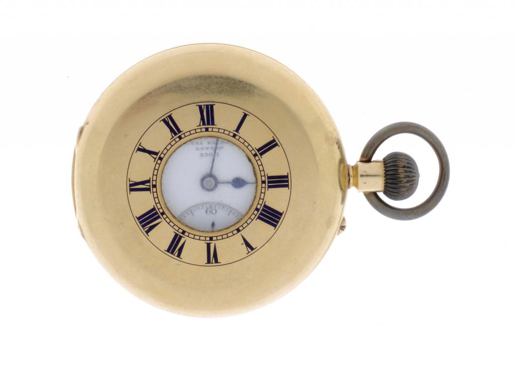 AN ENGLISH  18CT GOLD KEYLESS LEVER HALF HUNTING CASED WATCH  E DENT & CO, Serial No 53011, the