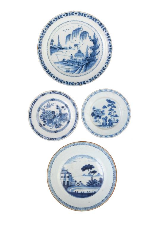 AN ENGLISH DELFTWARE BOWL, CHARGER AND TWO PLATES,  LONDON AND PROBABLY LIVERPOOL all painted in