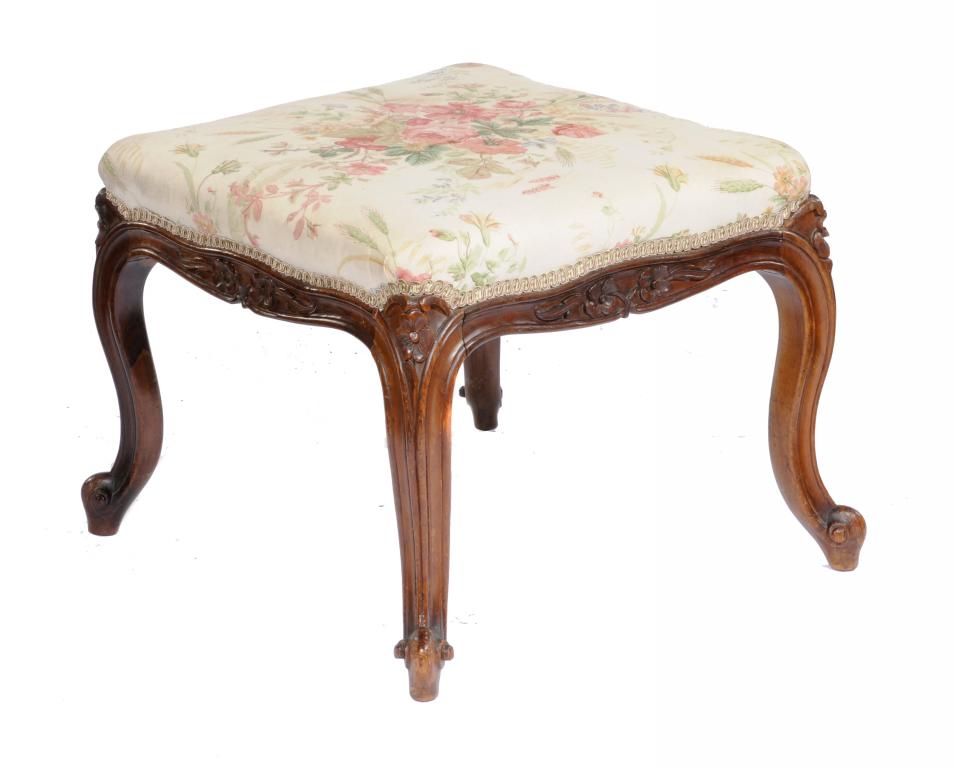 A VICTORIAN CARVED ROSEWOOD DRESSING STOOL BY BASSETT & CO  on cabriole legs, 39cm h; 48 x 48cm,