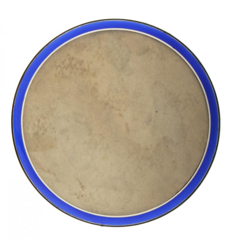 A SILVER AND BLUE GUILLOCHE ENAMEL CIRCULAR PHOTOGRAPH FRAME  with black enamel border, 17cm diam,