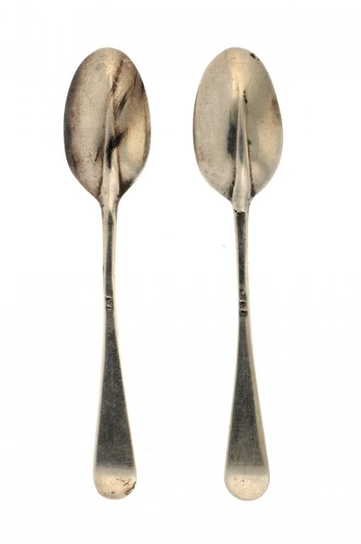A PAIR OF ENGLISH SILVER TOY BASTING SPOONS Hanoverian pattern with rat tail, indistinct maker`s
