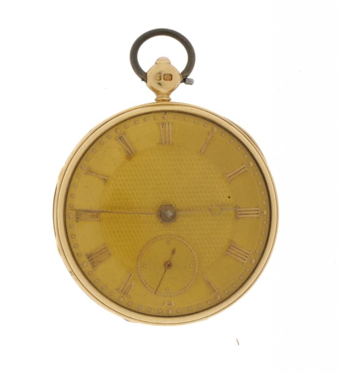 AN ENGLISH 18CT GOLD LEVER WATCH  with engine turned dial, gold hands and roman chapters, hinged