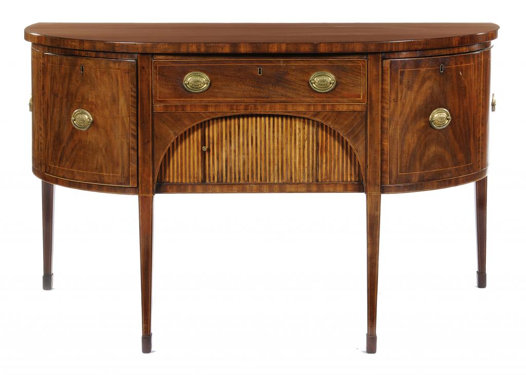 A GEORGE III MAHOGANY SIDEBOARD  the crossbanded top of D shape above an arrangement of doors and