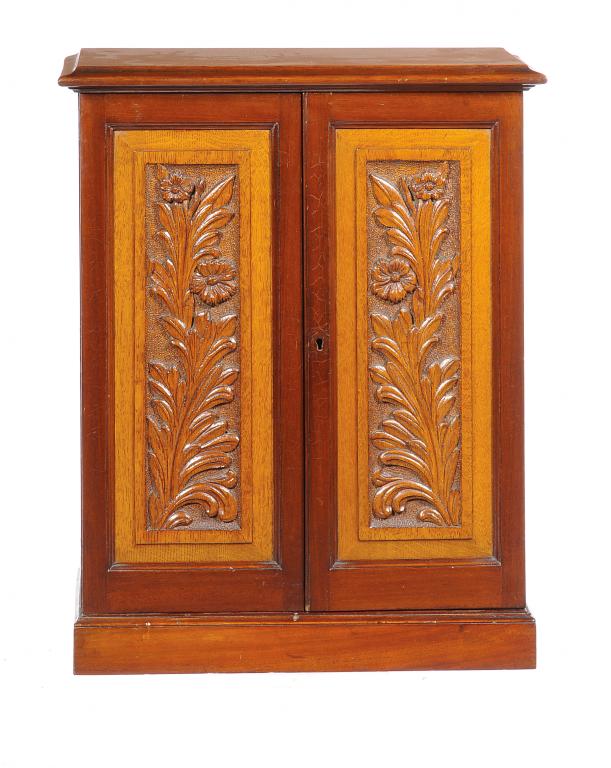 A VICTORIAN MAHOGANY AND OAK FITTED COLLECTOR`S CABINET  enclosed by a pair of doors, each oak panel