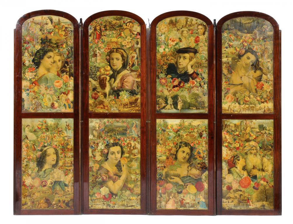 A VICTORIAN MAHOGANY SCREEN, of four arched, twin panelled and double hinged leaves, decorated to