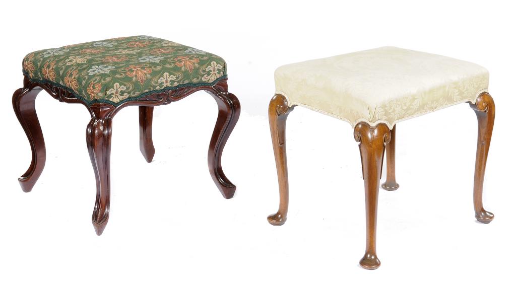 A WALNUT DRESSING STOOL IN GEORGE I STYLE AND A VICTORIAN MAHOGANY STOOL  both on cabriole legs, the