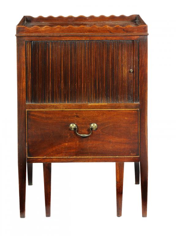 A GEORGE III MAHOGANY TRAY TOP NIGHT TABLE with undulating gallery and tambour shutter, 80cm h; 46 x