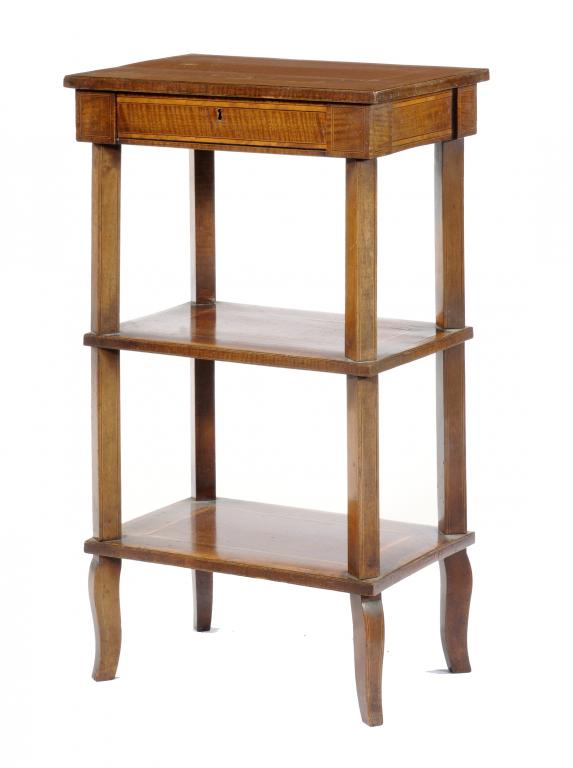 A FRENCH MAHOGANY AND CROSSBANDED ÉTAGÈRE  ebony line inlaid and fitted with a drawer, 80cm h; 33